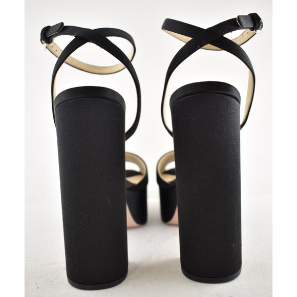 Prada 135mm Black Satin Logo Platform Sandal Ankle Strap Block Heel Pump 40 - Picture 13 of 14